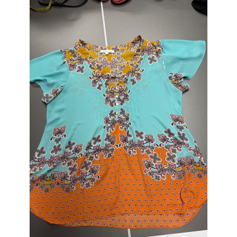 Rose + Olive Teal Orange Paisley Floral Pintuck Blouse Short Sleeve 1X Boho Top